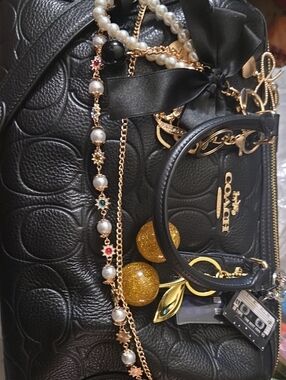 Large Coach Black Quilted Leather Rowan with Gold Hardware and Pearl Chain